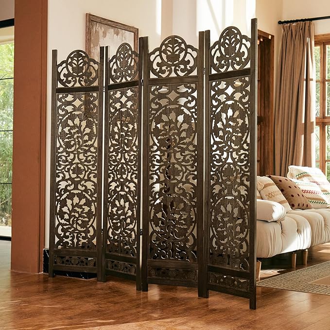 5.75Ft Room Divider Wood Screen, 33Lbs Durable MDF Carved Rustic Style Headboard, Reversible Freestanding Folding Partition Paravent for Home, 69 * 71 inch(H*W) - 4 Panels (Antique Brown)