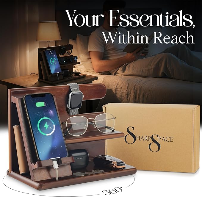 SHARPSPACE Night Stand Organizer – Wood Phone Docking Station, 360° Rotating Base with Charging Slot, Holds Watch, Wallet, Keys, Eyewear – Nightstand Organizer for Men, Bedroom or Office Use, Dark Brown