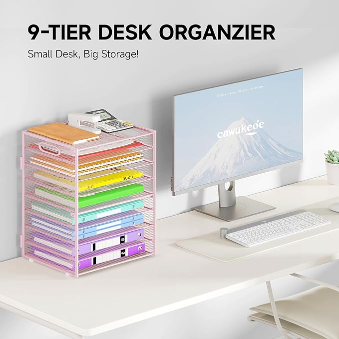 Cawukege 9 Tier Paper Organizer with Handle, Large Capacity Desk Organizer Mesh File Folder Letter Paper Tray Desktop Document Sorter for Classroom, School, and Office Accessories Organization- Pink