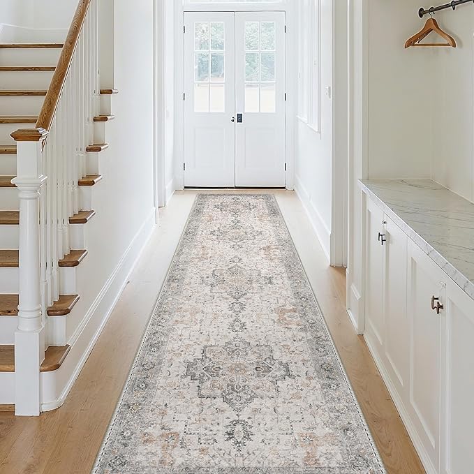 GENIMO Runner Rug 2'6"x6 Machine Washable Non Slip Vintage Hallway Runner Rug, Low Pile Lightweight Rugs for Indoor Entryway, Hallway, Kitchen and Corridor, Light Taupe Brown