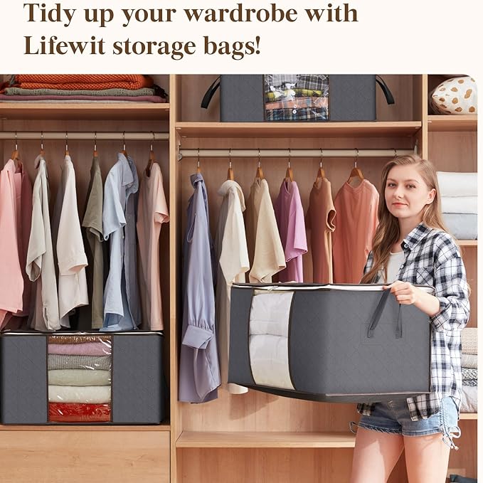 Lifewit Large Capacity Clothes Storage Bag Organizer with Reinforced Handle Thick Fabric for Comforters, Blankets, Bedding, Foldable with Sturdy Zipper, Clear Window, 15 Pack, 90L, Grey