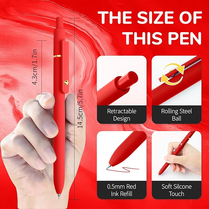 UIXJODO Red Pens, 6 Pcs Red Ink Pens Fine Point Smooth Writing Pens, 0.5mm Colored Ink Gel Pens for Journaling Note Taking, School Supplies Gifts for Women (6 Pcs Gold Red - Red Ink)