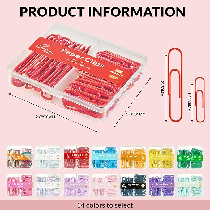 NEEWAY Colorful Paper Clips Assorted Sizes, Small and Large Paperclips, 210 Count, 3 Pack of 70 (Red)