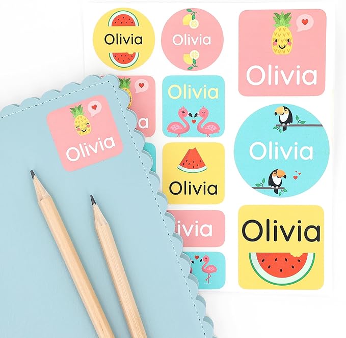 Large Name Labels for Kids (33) - Custom Stickers for Daycare and School Supplies - Durable, Waterproof Stickers for Water Bottles, Lunch Boxes, and More with Unique Designs - Tropical