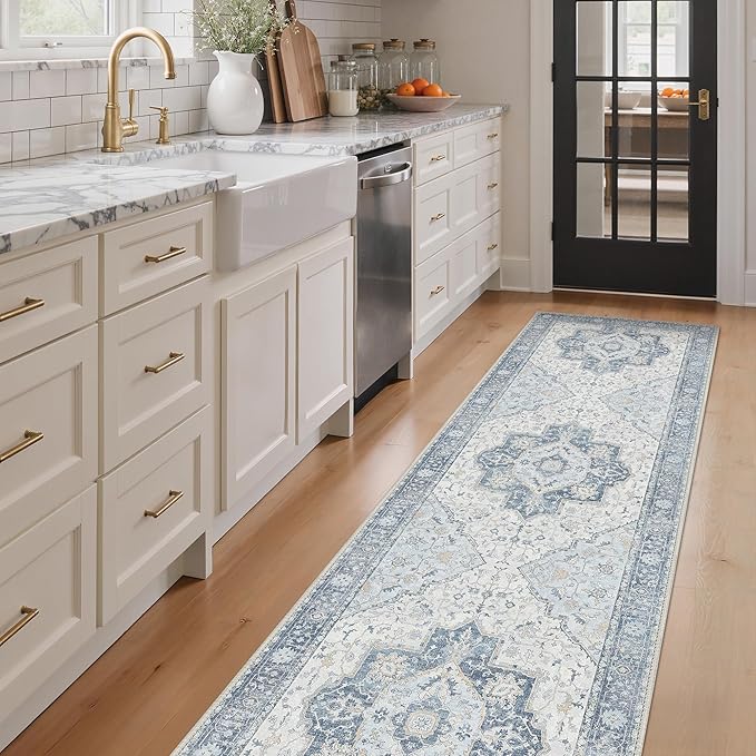 GENIMO Runner Rug 2'6"x6 Machine Washable Non Slip Vintage Hallway Runner Rug, Low Pile Lightweight Rugs for Indoor Entryway, Hallway, Kitchen and Corridor, Light Blue