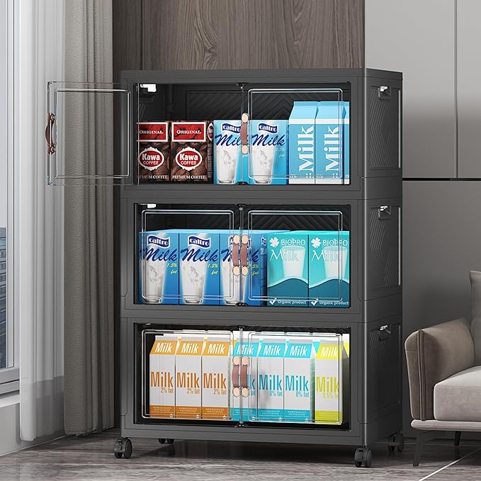 UAMFURI Extra Large Stackable Storage Bins with Lids & Wheels & Door, 156QT-52QT/13GAL*3Pack Foldable Collapsible Closet Organizers, Plastic containers drawers for bedroom Dorm
