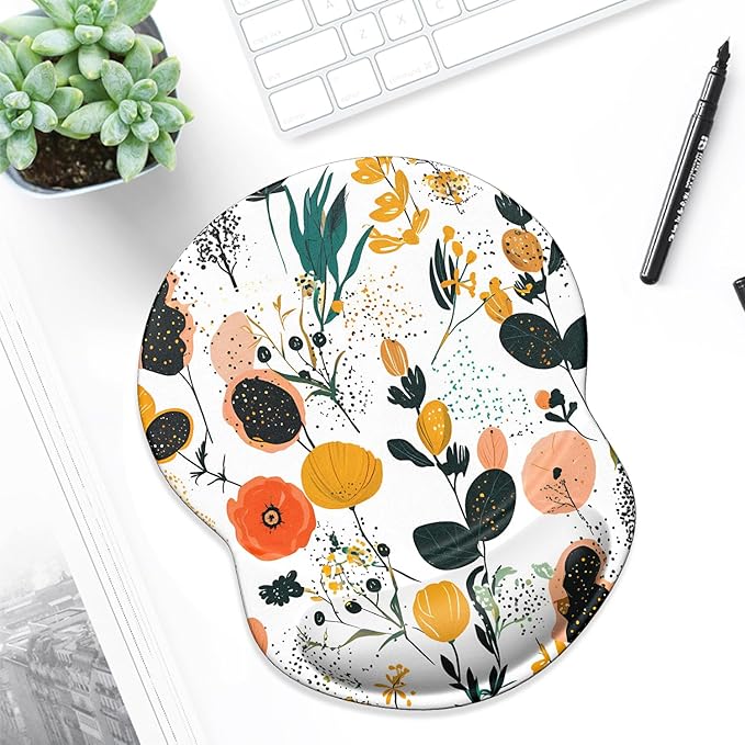 ITNRSIIET Ergonomic Mouse Pad with Gel Wrist Support Small Wrist Rest Smooth Surface Non-Slip PU Base Comfortable Office Supplies Pain Relief, 8.7 x 7.2 inches, Beautiful Flowers and Plants