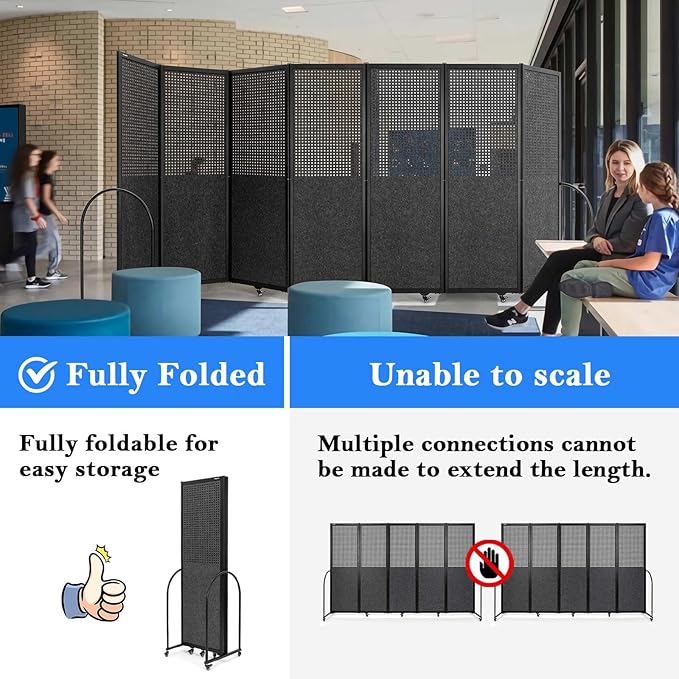 Folding Room Partition,Freestanding Privacy Divider,Portable Office Divider Wall,Commercial Space Partition Screen,Perforated Felt Panel Design,18'5"W x 6'7"H,7 Panel,Dark Grey