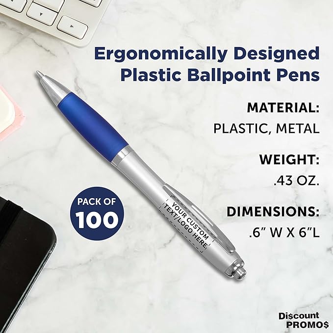 DISCOUNT PROMOS Personalized Ballpoint Pens With Rubber Grip, 100 pack Customizable Ergonomic Click-to-Write Custom Writing Pens for School with Black Ink, Blue