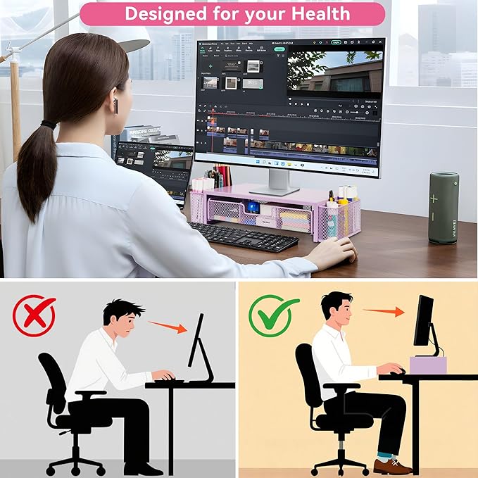 Qupui Computer Monitor Stand Riser with Drawer and Pen Holders, Desk Organizer Shelf and Accessories, Office Desk Accessories, Office Organization, Purple