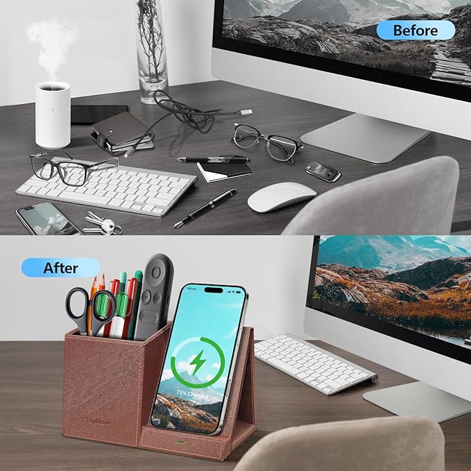 TopMade Wireless Charger with Pen Holder, Multi-functional Desktop Organizer and Storage, Home Office Supplies Desk Accessories, Pencil/Remote Holder with Fast Charging Phone Stand (Brown)