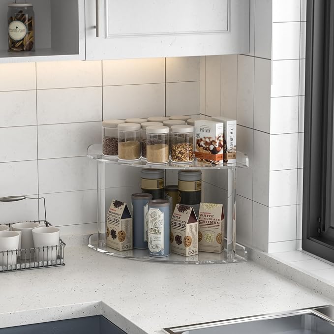 Sezanrpt 2 Tier Acrylic Corner Shelf Organizer Storage 9.5x9.5x8 Inch, Transparent Countertop Corner Shelf for Bathroom, Kitchen, Bedroom, Office, Study Room