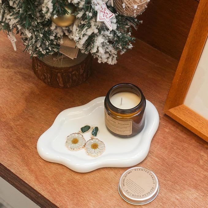 CCINPPY Ceramic Jewelry Tray Trinket Dish, Decorative Cloud Vanity Key Tray for Women, Ring Holder Dish, Cute Jewelry Plate Bowl Room Decor Aesthetic, White, Large