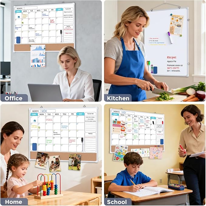 MaxGear Monthly Calendar Whiteboard Dry Erase Cork Board for Wall, 24"x18" Double-Sided Dry Erase White Board Calendar with Bulletin Board, Hanging Dry Erase Board for Office, Home, School