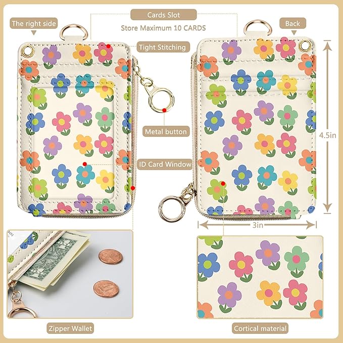 bolimoss 2-in-1 ID Badge Holder & Lanyard Wallet, Cute Floral Lanyard with Wallet, ID Badge Holder with Neck & Wristlet Lanyard, Pu Leather Zip Id Case Wallet with Breakaway Lanyard, Keychain Wallet