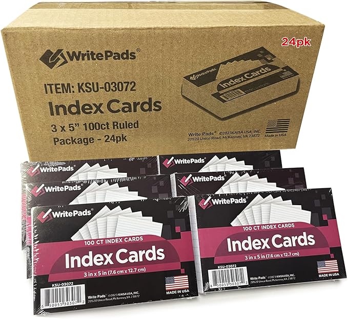 KAISA Lined Index Card 3"x5" Index Cards Flashcards, 2400 Count Ruled on Front, Blank on Back Index Cards, White 24 pack of 100 Shrink, Made in the USA