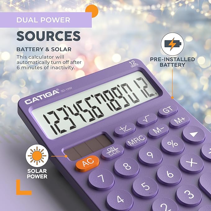 CATIGA 12 Digit Desktop Calculator Basic Desk Calculator with Large LCD Display, Big Buttons, 4 Function, Solar and Battery Dual Power, for Office, School, Home, SD-1292 Purple