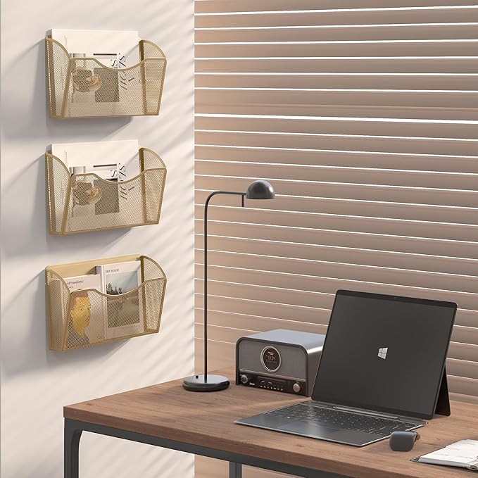 EasyPAG Single Pocket Wall File Organizer, Mesh Hanging File Folder Organizer for Letter/A4 Size Folders, Wall Mounted Vertical Mail Holder for Paperwork, Office, Home, School, Gold