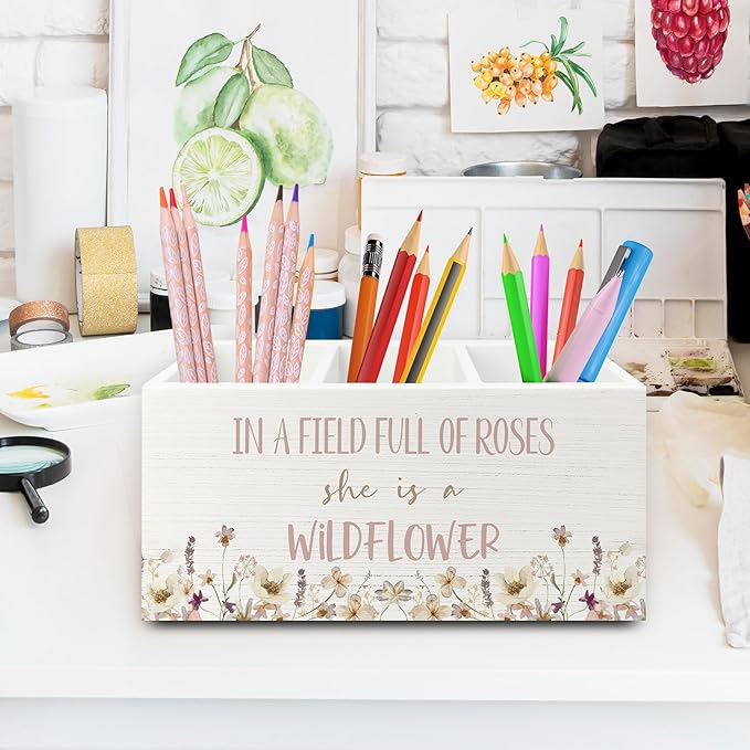 XPH Wildflower Nursery Decor Pen Pencil Holder Organizer for Desk, Girl Nursery Decor, in a Field Full of Roses She Is a Wildflower Wooden Box Sign for Girly Room Bedroom Desk Tabletop Decorations