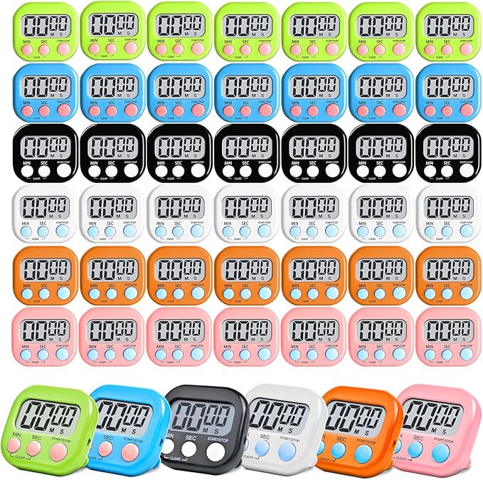 48 Pcs Digital Kitchen Timer Bulk, Small Magnetic Backing Stand Timer, Large Digits Egg Timers LCD Display Loud Alarm Stopwatch Timers Classroom Count up Countdown Timers for Office Cooking