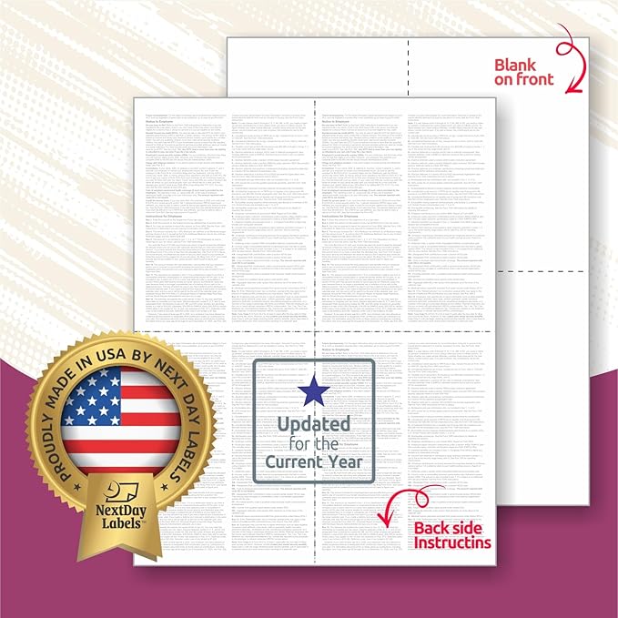 NextDayLabels - W-2 4-Up Employee Tax Forms, Instructions on Back" for 2025, for Laser/Inkjet Printer. Compatible with QuickBooks and Accounting Software ETC. (Box of 1000 Sheets)