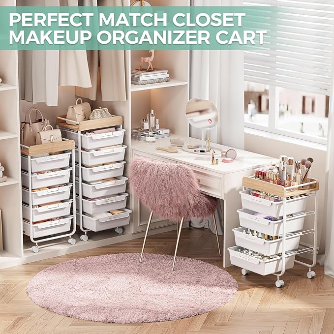 Rolling Storage Utility Cart With 4 Drawers,Kids Craft Art Cart,Makeup Organizer And Storage with Wooden Tabletop,White