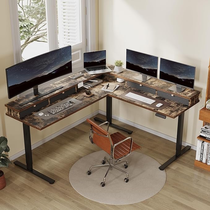 FLEXISPOT 71'' L Shaped Standing Desk Electric Corner Table with Shelf, 4 Storage Drawers, Adjustable Computer Workstation for Home, Office, Game, Studio, Rustic Brown Top + Black Frame