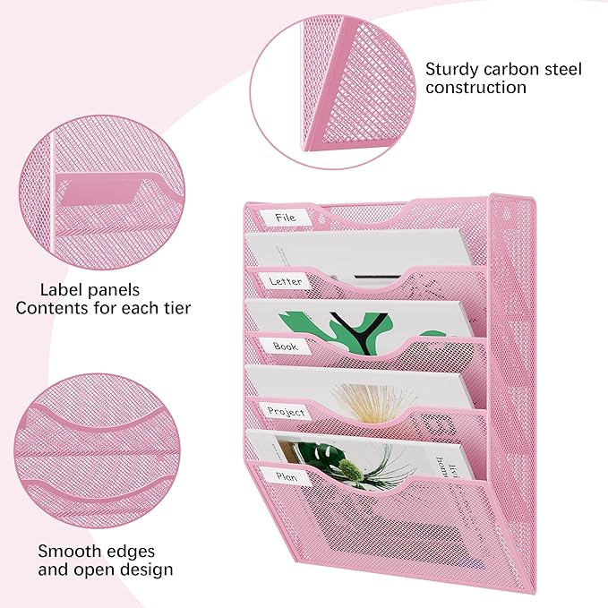 EasyPAG 5 Pocket Mesh Wall File Organizer, Hanging Paper Folder Holder with Classify Label, Vertical Wall Mount Mail Organizer for Office Home Classroom, Pink