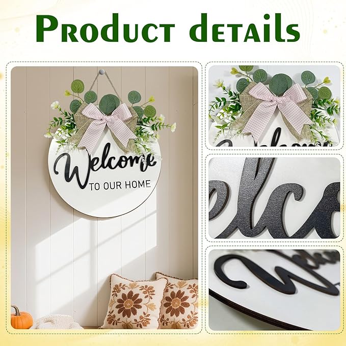 VPDTVK Welcome Sign for Front Door, Rustic Welcome Door Sign Outdoor Wreaths Decor for Spring Summer Autumn and Winter All Seasons Holiday Halloween Christmas(White)