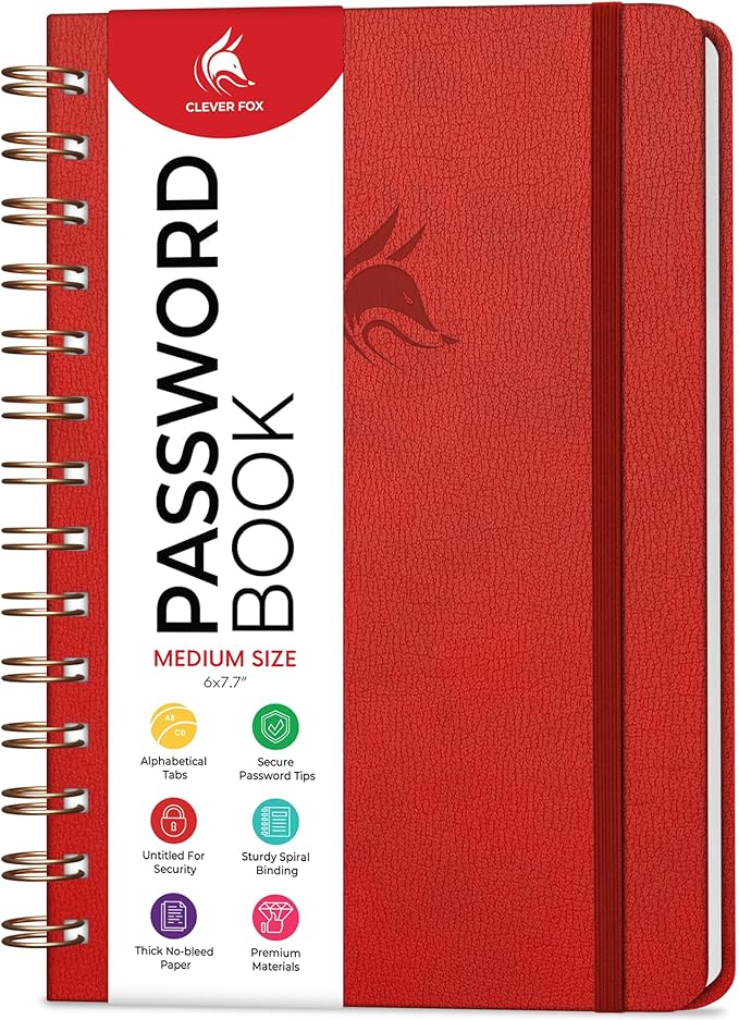 Clever Fox Password Book Spiral – Internet Address & Password Organizer with Laminated Alphabetical Tabs – Password Keeper Journal – Hardcover, Medium Size, 6.1x7.7” (Red)