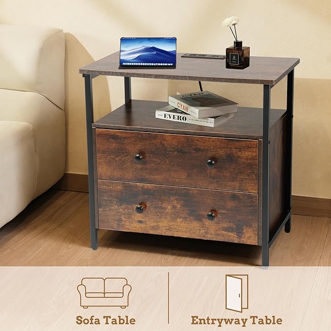 Edbuosy 27 inch Wide Night Stand with Charging Station, Bedside Table with Open Shelf, 2 Drawers Small Wood Dresser, Modern Wood Nightstand for Bedroom/Living Room (Rustic Brown)