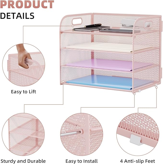 Marbrasse 2 Pack 4 Tier Paper Organizer Letter Tray - Mesh Desk File Organizer with Handle, Paper Sorter Organizer for Letter/A4 Office File Folder Holder (Pink, 12.6" x 9.1" x 10.7")