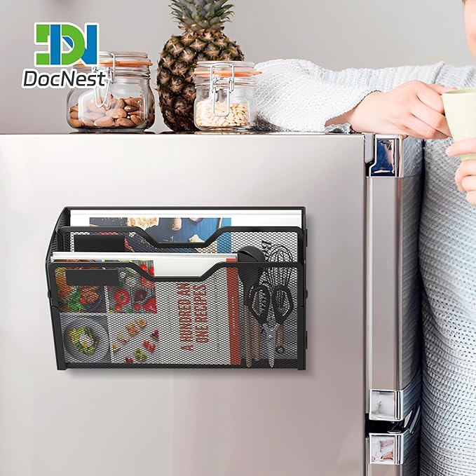 Docnest 2 Tier 3 Pack Magnetic Wall Mounted File Holders,Mesh Letter Organizer, Magnetic Hanging Mail Paper Document Organizer for Office, Home, School, Black