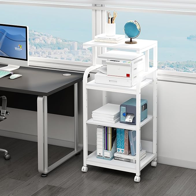 Fannova 4 Tier White Printer Stand Table with Adjustable Shelves, Movable Printer Shredder Stand with Wheels for Home Office Storage and Organization, Rolling Cart for Computer Tower CPU