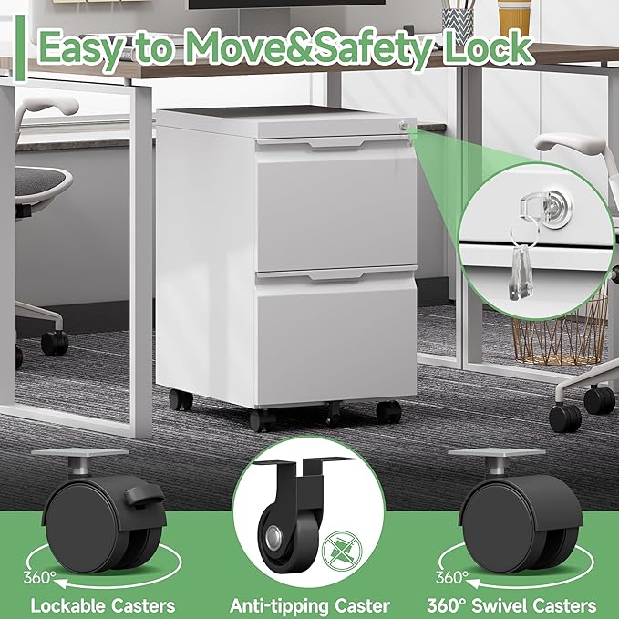 LONGLINK 2 Drawer Mobile File Cabinet with Lock,Under Desk Metal Filing Cabinets with Wheels for Home Office Organizer Letters/Legal/A4(Easy Assemble-White)