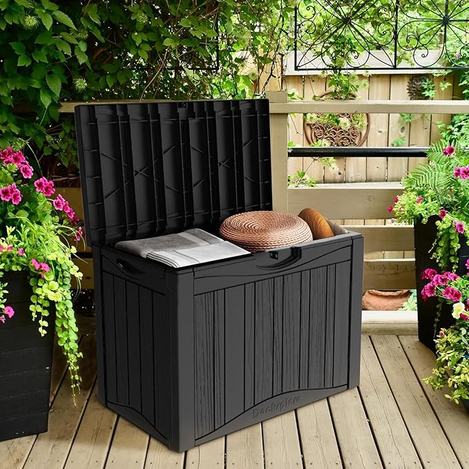 Yardgrace 50 Gallon Plus Outdoor Storage Box, Waterproof Resin Deck Box for Patio, Pool, and Garden, Lockable Bin for Cushions, Tools, and Accessories, UV-Resistant, Black