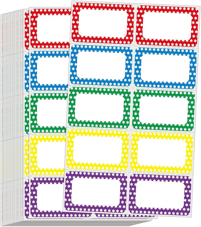 L LIKED 200 Name Tags Stickers, Colorful Star Border, 3.5" x 2.25" Name Labels for School Office Home (200 Labels)