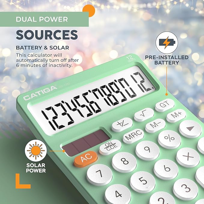 CATIGA 12 Digit Desktop Calculator Basic Desk Calculator with Large LCD Display, Big Buttons, 4 Function, Solar and Battery Dual Power, for Office, School, Home, SD-1292 Mint