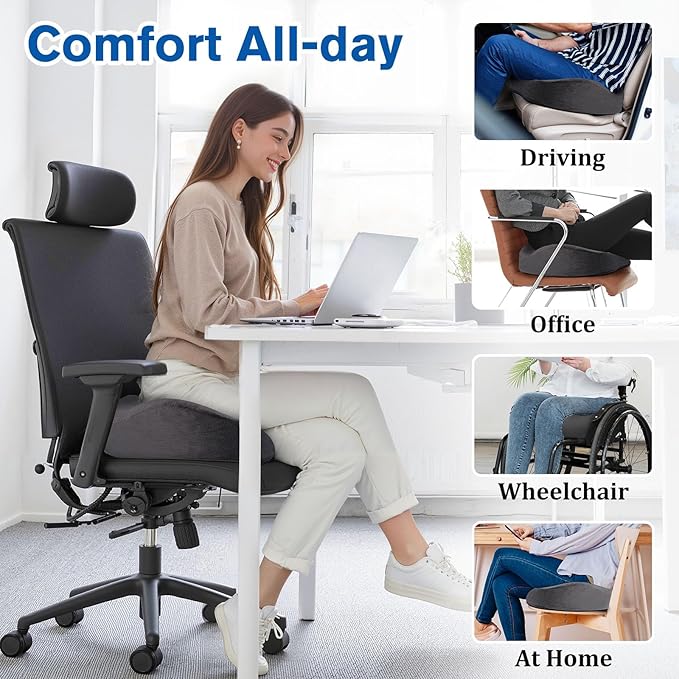 CushyOasis Seat Cushion, Gel Chair Cushions, Office Chair Cushions, Anti-Slip Bottom & Removable Cover Tailbone Pain Relief Cushion, Memory Foam Seat Cushion, 5.28 in Thick (Grey)
