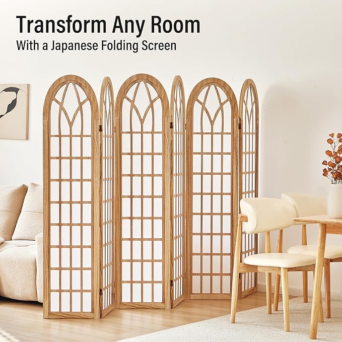 ALeesing Folding Room Divider Privacy Screen Freestanding 6-Panel Shoji Style Wooden Frame Decorative Partition Wall for Bedroom Office Apartment Natural