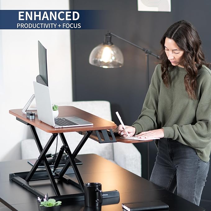 VIVO 32 inch Desk Converter, K Series, Height Adjustable Sit to Stand Riser, Dual Monitor and Laptop Workstation with Wide Keyboard Tray, Dark Walnut Top, Black Frame, DESK-V000KA