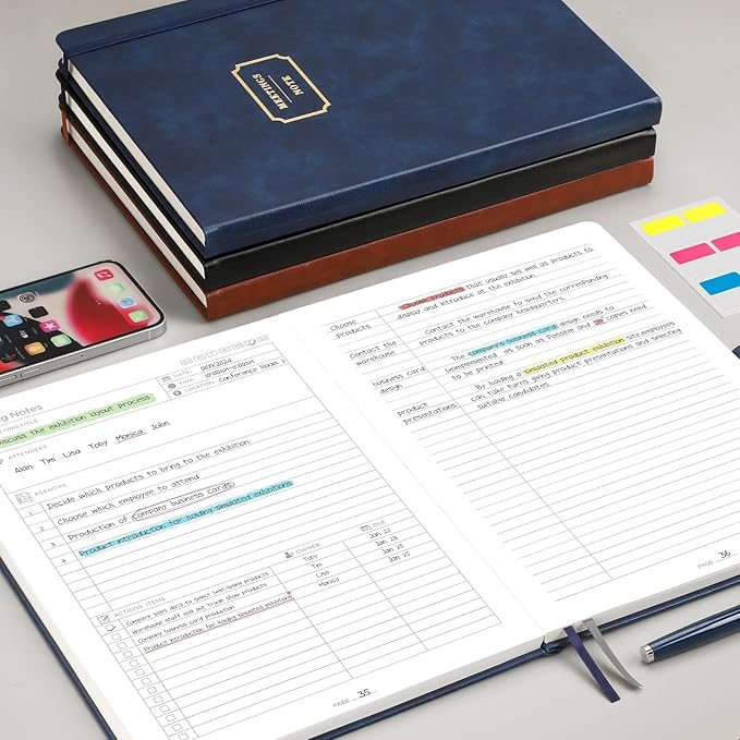 EMSHOI Meeting Notebook for Work with Sticky Tabs - 240 Pages, A4 Size Project Planner, PU Leather Meeting Agenda/Minutes Organizer for Women Men, Note Taking, Office & Business, 8.3"x11.7", Black