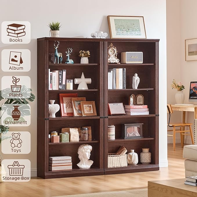 RWYHG 70" Walnut Tall Bookshelf,5-Tier Thick Wooden Book Shelf with Adjustable Shelves,Free Standing Farmhouse Bookcase with Open Display Storage,Floor Vintage Bookshelves for Living Room,Office