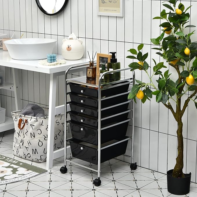 Giantex Rolling Storage Cart with 6 Drawers, Multipurpose Mobile Organizer Cart for Tools Scrapbook Paper Home Office School (Black)