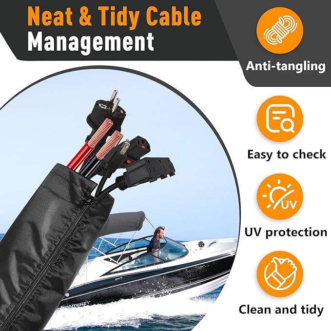 48 Inch Zippered Rigging Sleeve | Heavy Duty 600D Waterproof Marine Cable Organizer for Trolling Motor, Control Cables, Fuel Lines & Wires | Black with Cable Tie