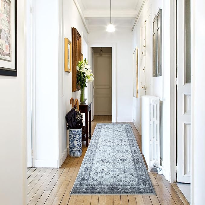 Rugcomf Runner Rug 2'6''x8' Hallway Washable Boho Soft Area Rug Non-Slip Faux Wool Vintage for Kitchen, Entryway, Laundry, Bedroom, Indoor (Grey and White)