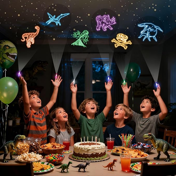 LovesTown 24PCS Dinosaur Party Favors, LED Light up Finger Lights Glow in The Dark Finger Flashlights for Birthday Party Decorations Goodie Bags Fillers Classroom Prizes