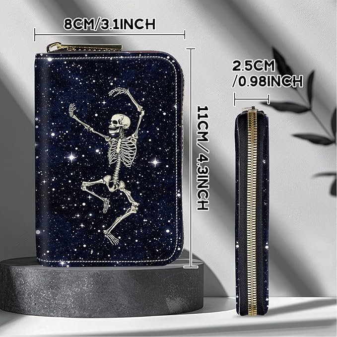 BWEGRHE Cute Credit Card Holder with Zipper, Dance Skull Skeleton RFID-Blocking Card Case Small Wallet for Women Men, Multi-slot Card Organizer Case Travel Accordion Wallet