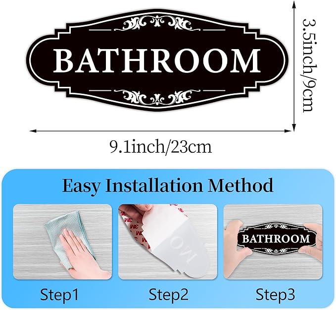 Bathroom Sign Sticker for Business and Home，Self-adhesive Cute Bathroom Decor for Door，Waterproof Vinyl Restroom Sign for Home，Office，Shop（Black）