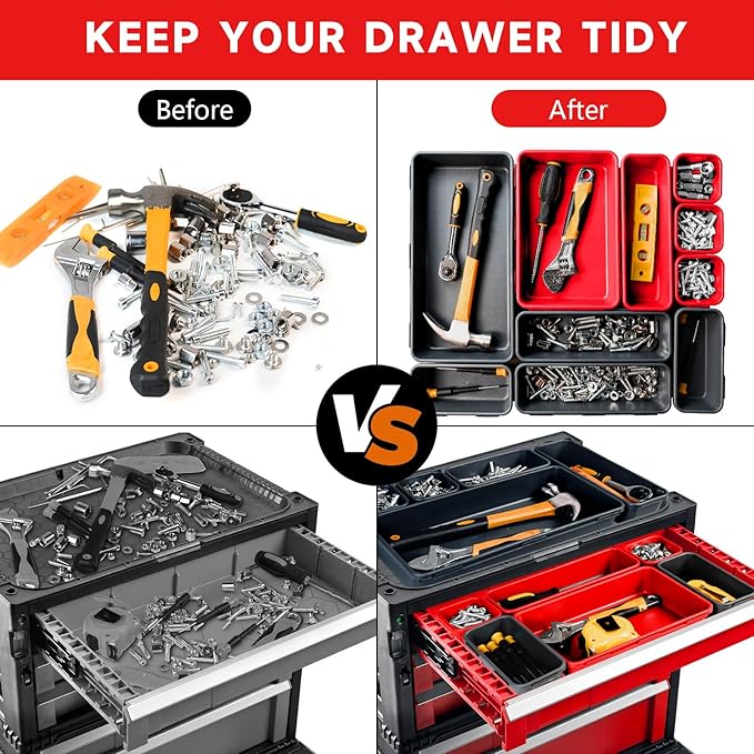 FLYVOLE Tool Box Organizer Tray, Toolbox Desk Drawer Organizer, Tool Box Tray, Toolbox Organization Storage for Rolling Tool Chest (60PCS (Black+Red))
